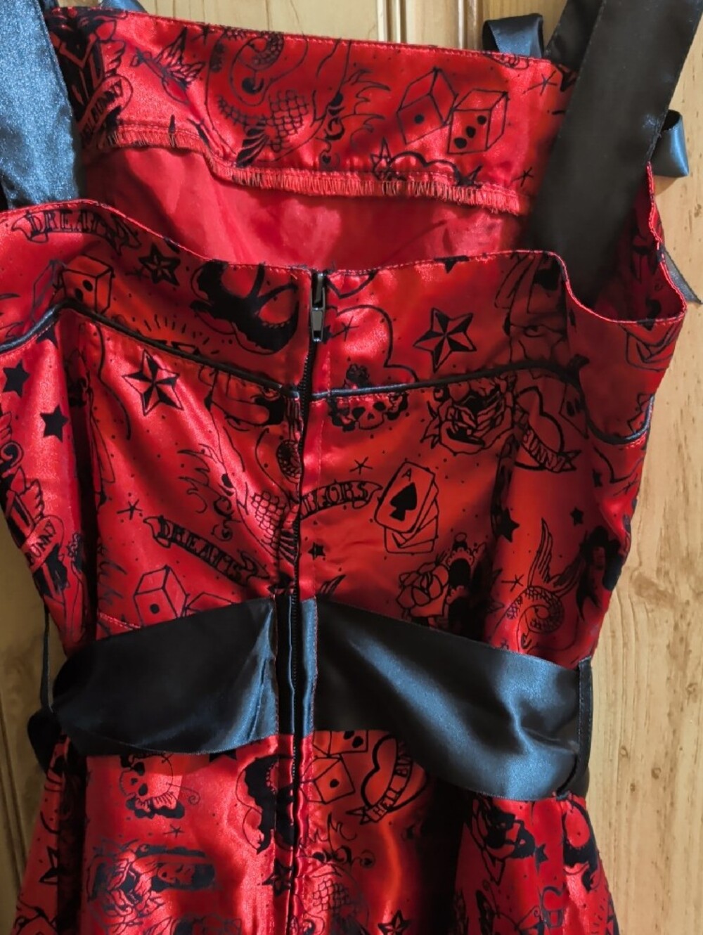 Hell Bunny Red Satin High-Low Dress with Black Trim and Bow Accents - Picture 5 of 9